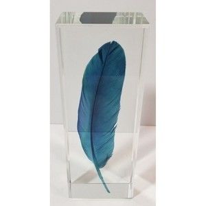 Blue Feather in Crystal Clear Glass Material Bookend Decor Garden Space Office